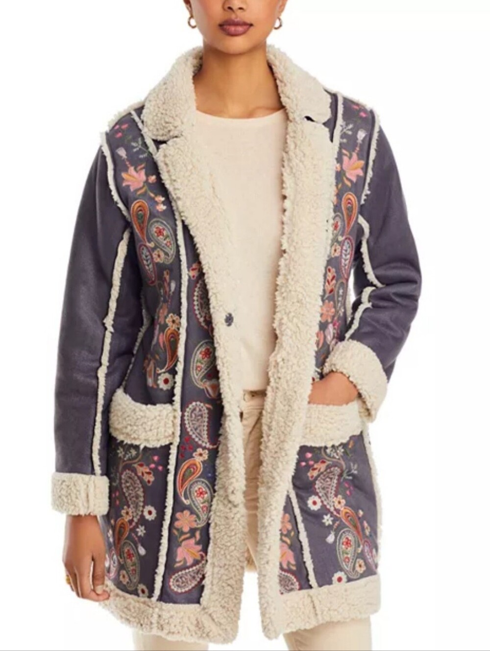 Biya Johnny Was Lori Faux Shearling Grey Embroidered Sherpa Jacket Coat